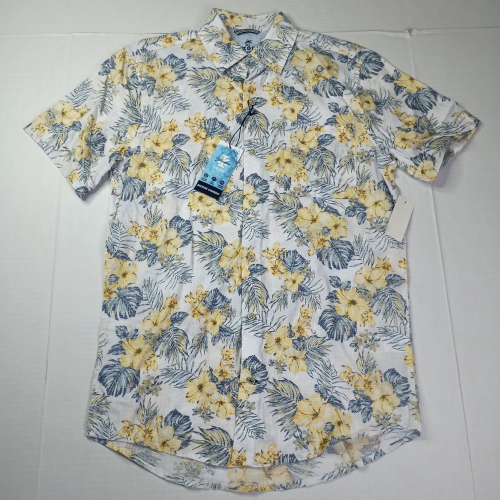 Izod Dockside Woven Chambray Shirt Men's Size S Bright White Floral Print NEW